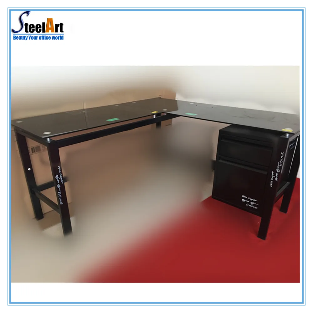Corner Glass Desktop Computer Desk For Two Computers Usage On