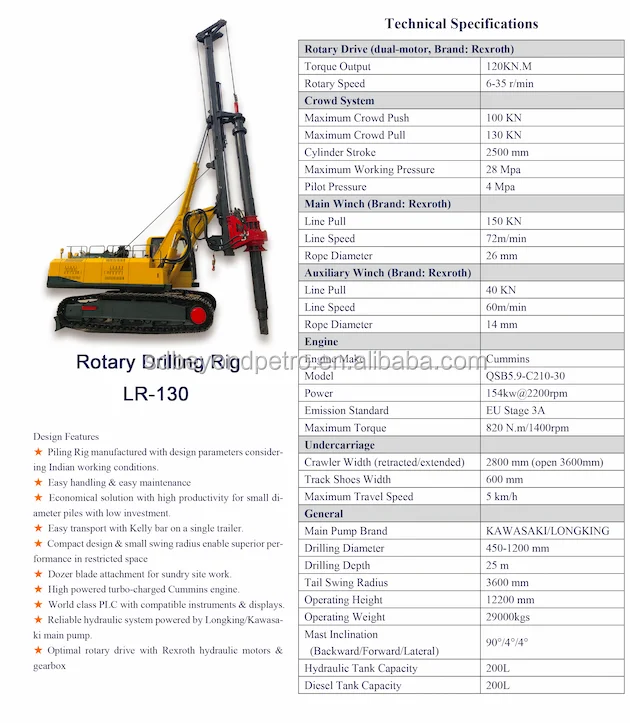 LR130  Drilling Depth 25m Rotary Drilling Pile Rig Machine