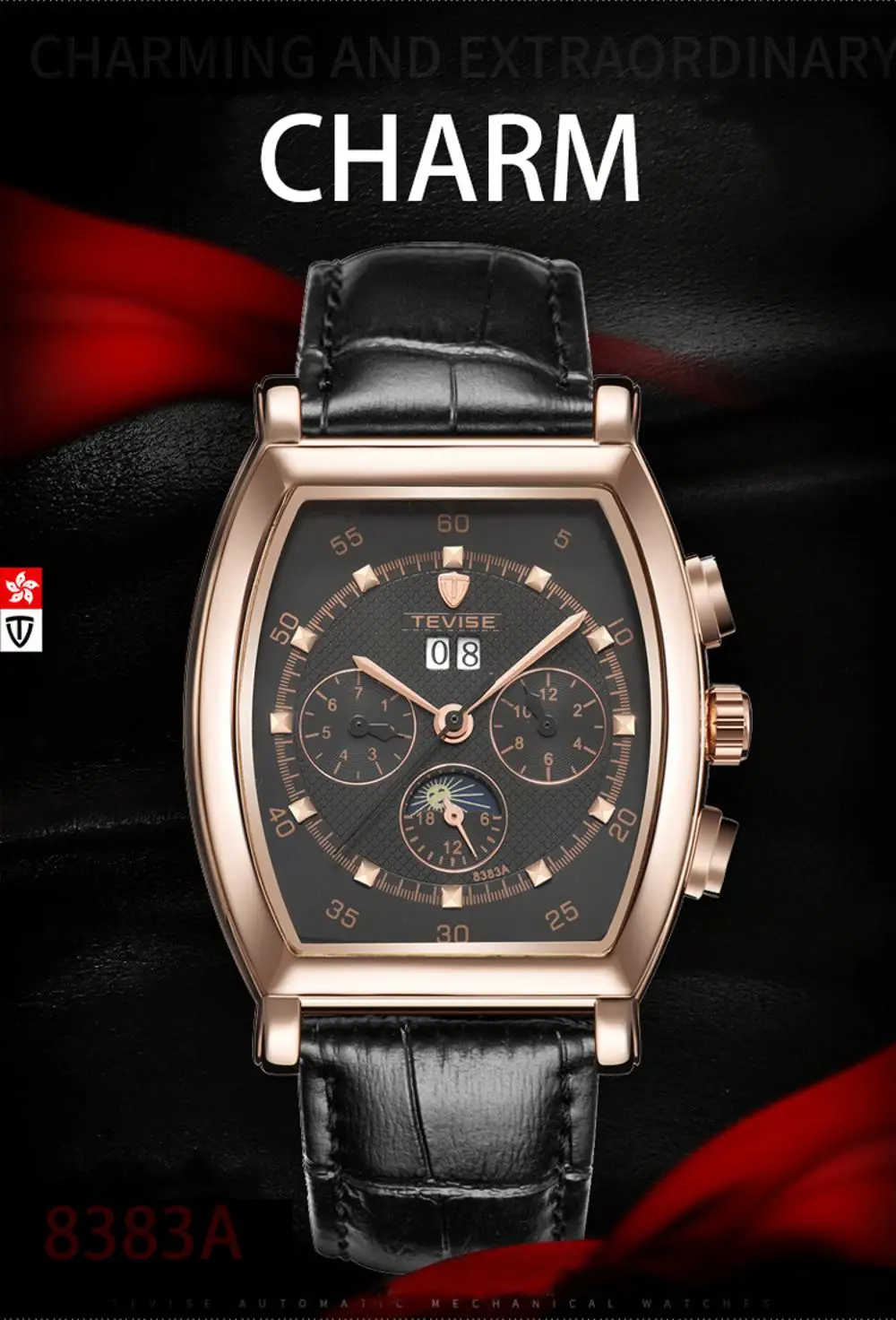 New Man Black Brown Leather Band Date Day Automatic Sport Military