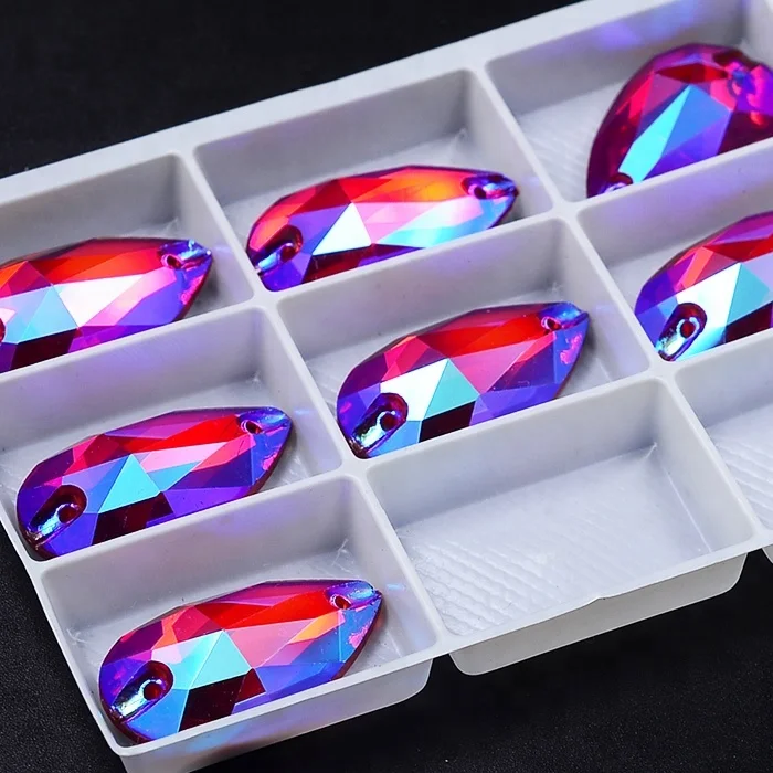 17X28mm flat back Siam AB tear drop sew on fancy crystal glass stones for garments shoes decoration