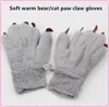 Gray plush full finger gloves,soft warm bear/cat paw claw gloves