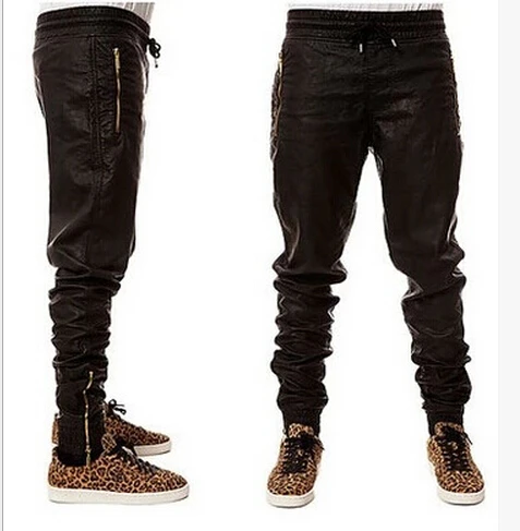 black leather joggers mens