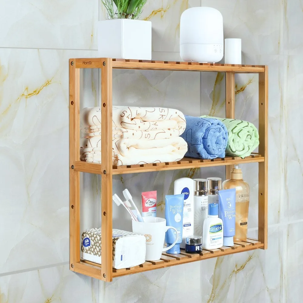 Wall Mounted Bamboo Bathroom Shelf 3tier Multifunctional Adjustable