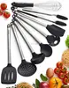 silicone Nonstick 8 Piece Cooking Utensils in Serving Tongs, Spoon, Spatula Tools, Pasta Server, Ladle, Strainer, Whisk