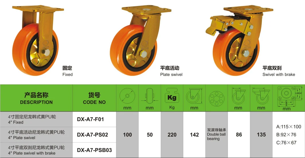 100*50mm Heavy Duty Swivel Orange PU Caster Wheel