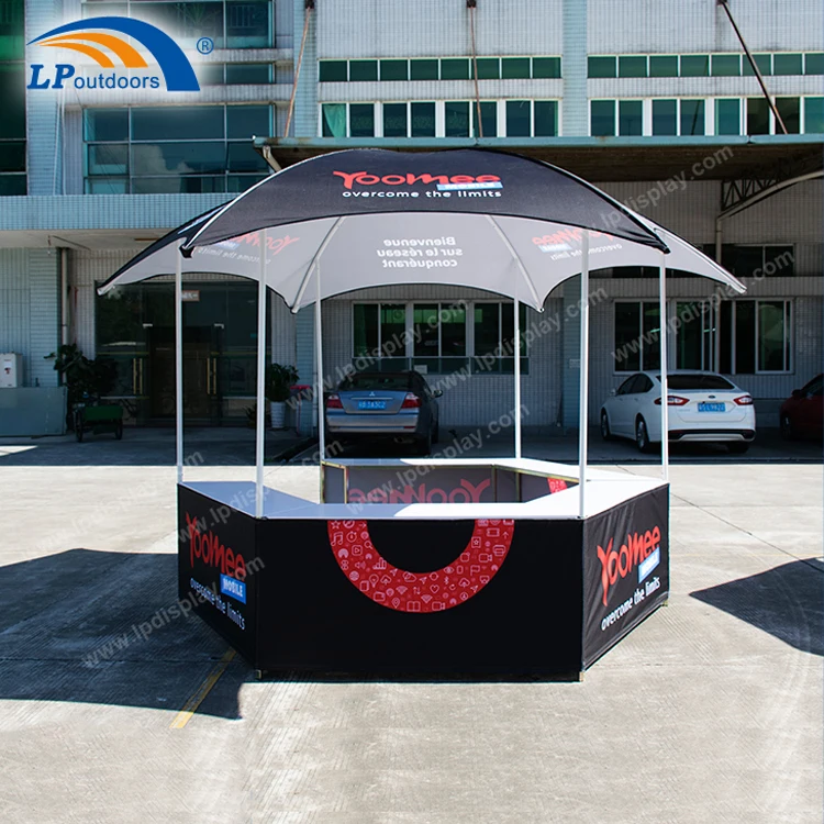 Sun Shade Umbrella Shaped Advertising Kiosk Booth With Counters For