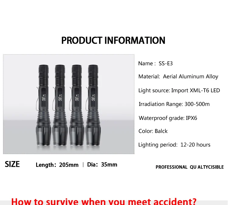 1000 Lumens Zoomable pen  LED  Flashlight 5 Modes Adjustable Torch Focus Water Resistant Camping Torch for Outdoor Sports