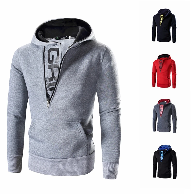 Brand 2017 Hoodie Popular Oblique Zipper Hoodies Men Fashion Hooded Oblique Zipper Loose Grey Sweatshirt | Fashion, Gray