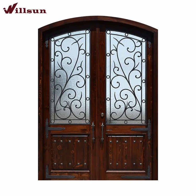 Arc Rustic Raw Wood Metal Wrought Iron Main Entry Front Doors With