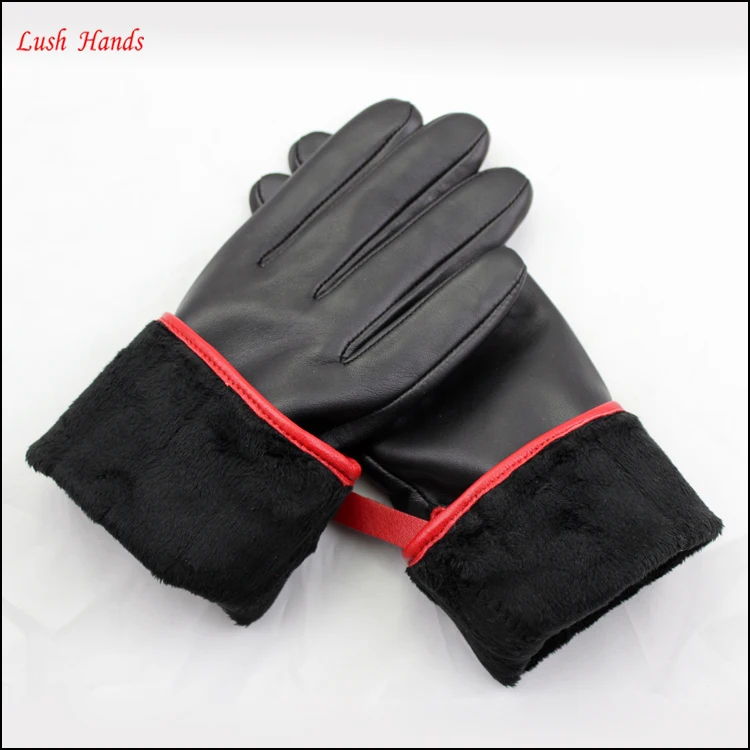 fashion ladies sheepskin leather gloves with silver zipper