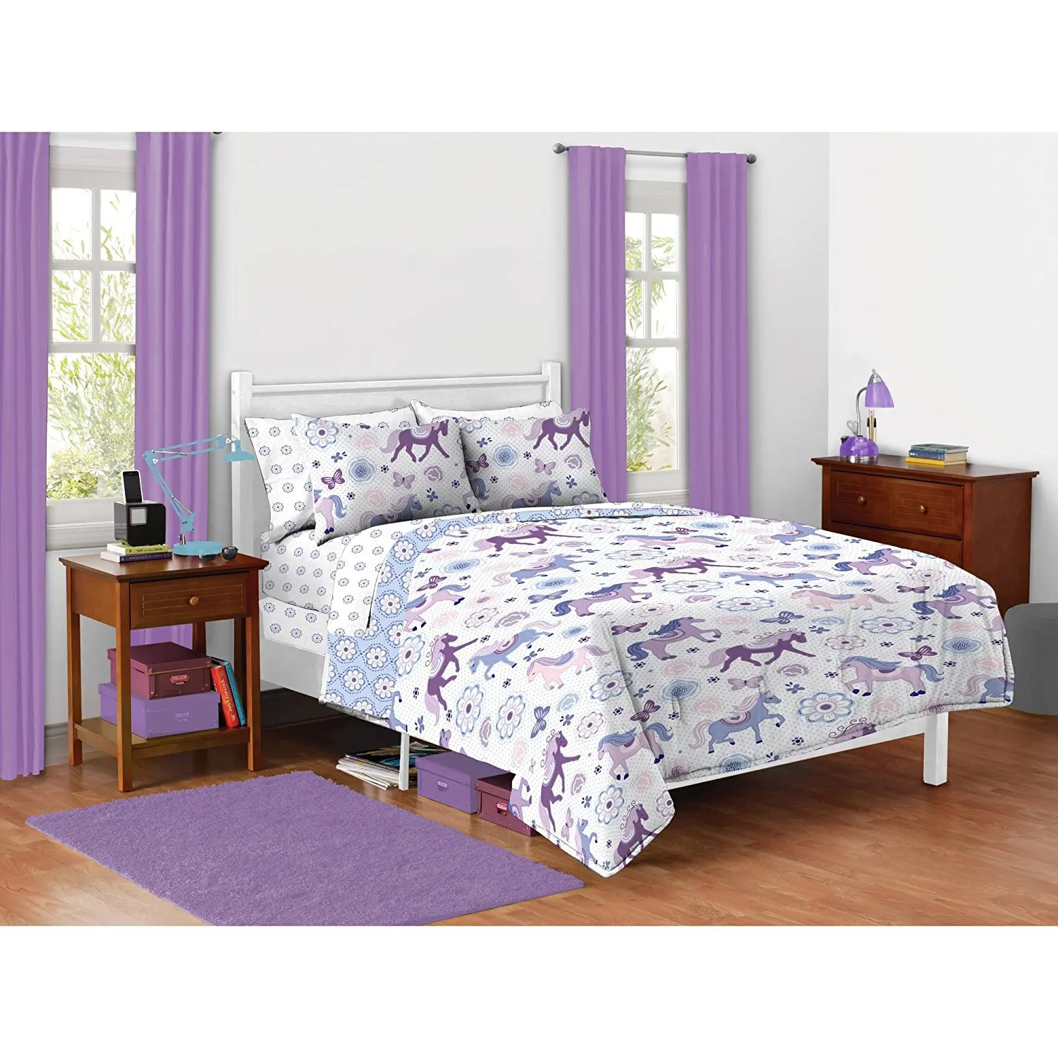 7 Piece Kids Pretty Horses Comforter Full Set, Girls Beautiful All Over Purple Pony Bedding, Printed Butterflies Daisy Florals, Adorable Cute, Purple White Ponies, Beautiful Flowers