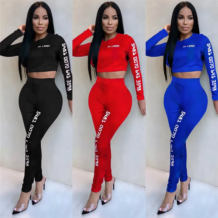 2 Piece Women Long Sleeve Crop Top And Pant Sets Luxury Letter Print ...