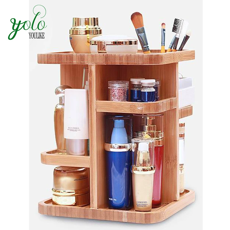 rotating bamboo cosmetic vanity organizer
