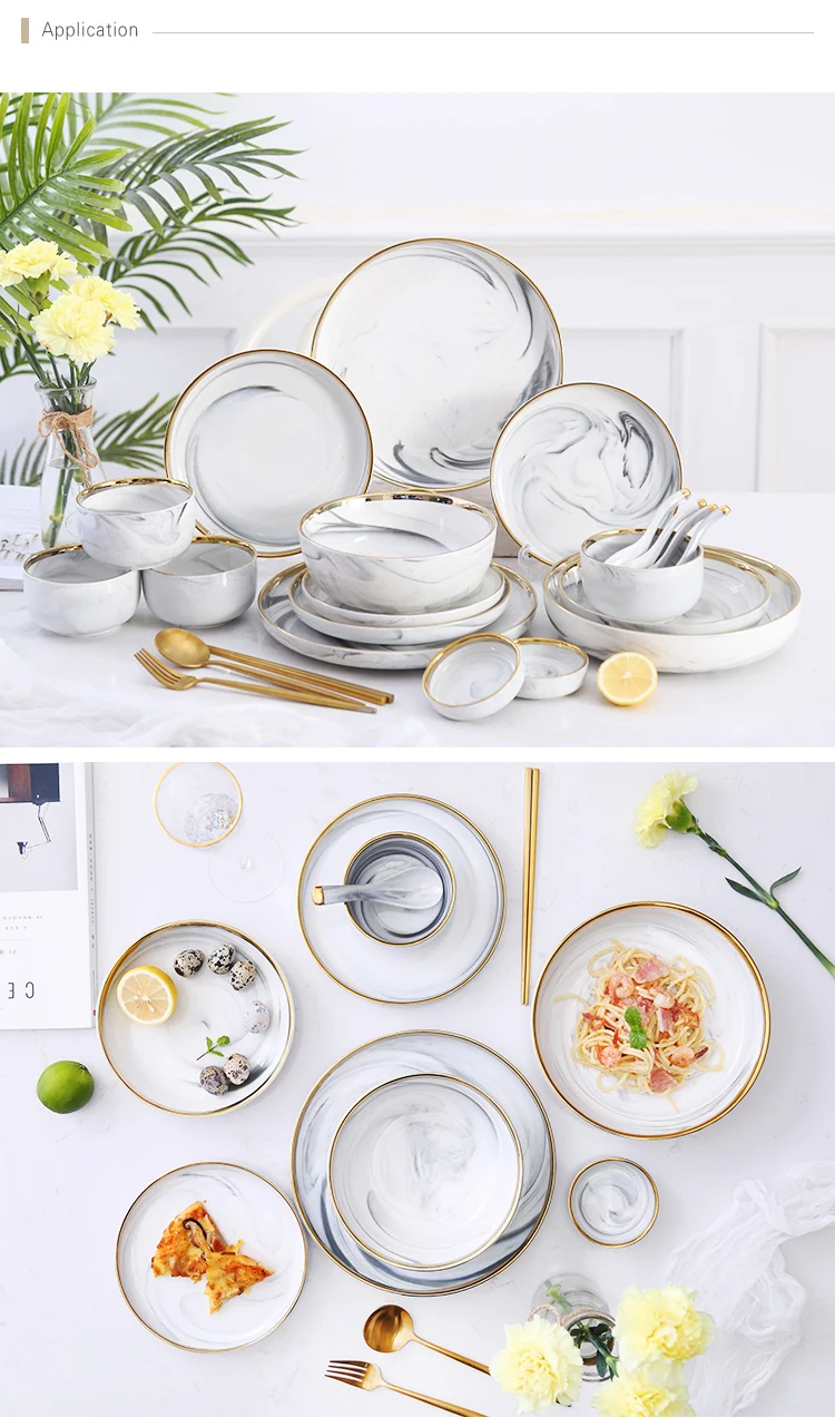 Latest Product  Restaurant Porcelain Soup Bowls, Hotel Supplies Gold Rim Grey Marble Crockery Chinese Soup Bowls~