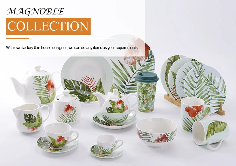 Home Trendy Salad Dishes Bone China Kitchen Plate Sets Palm Leaf