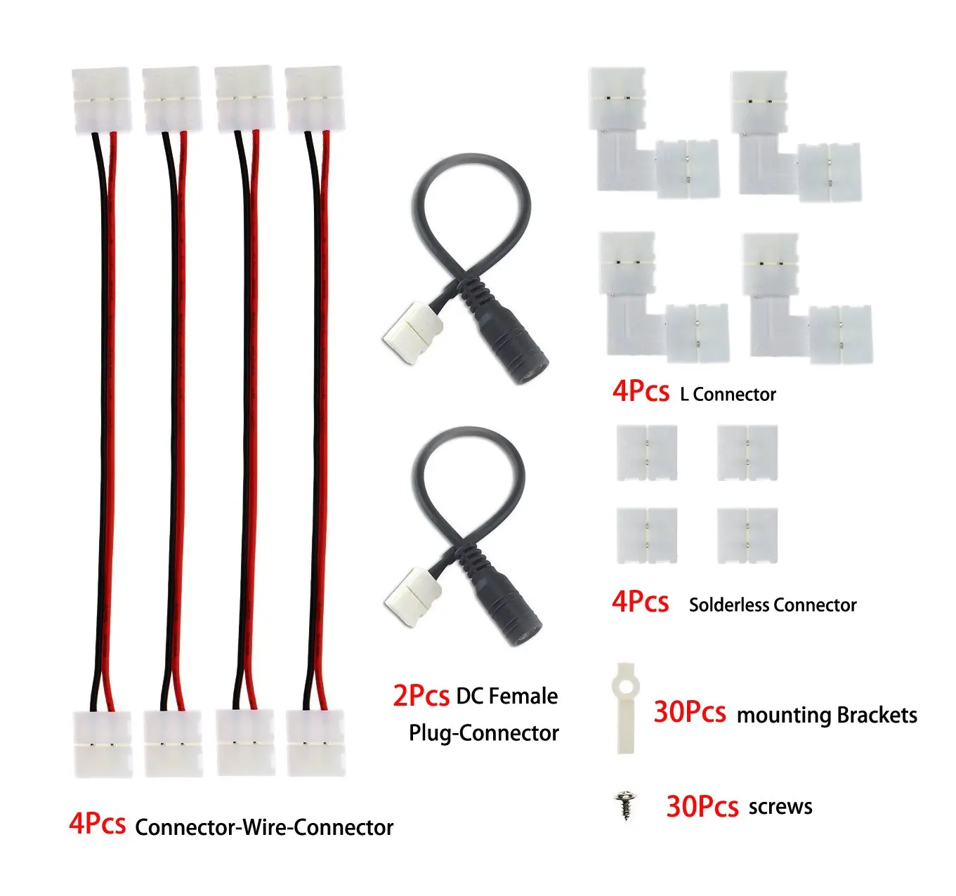 LED Strip Light Connector and Munting Bracket Kit, Screws included for 2-Pin 8mm Single Color LED Strip Lights