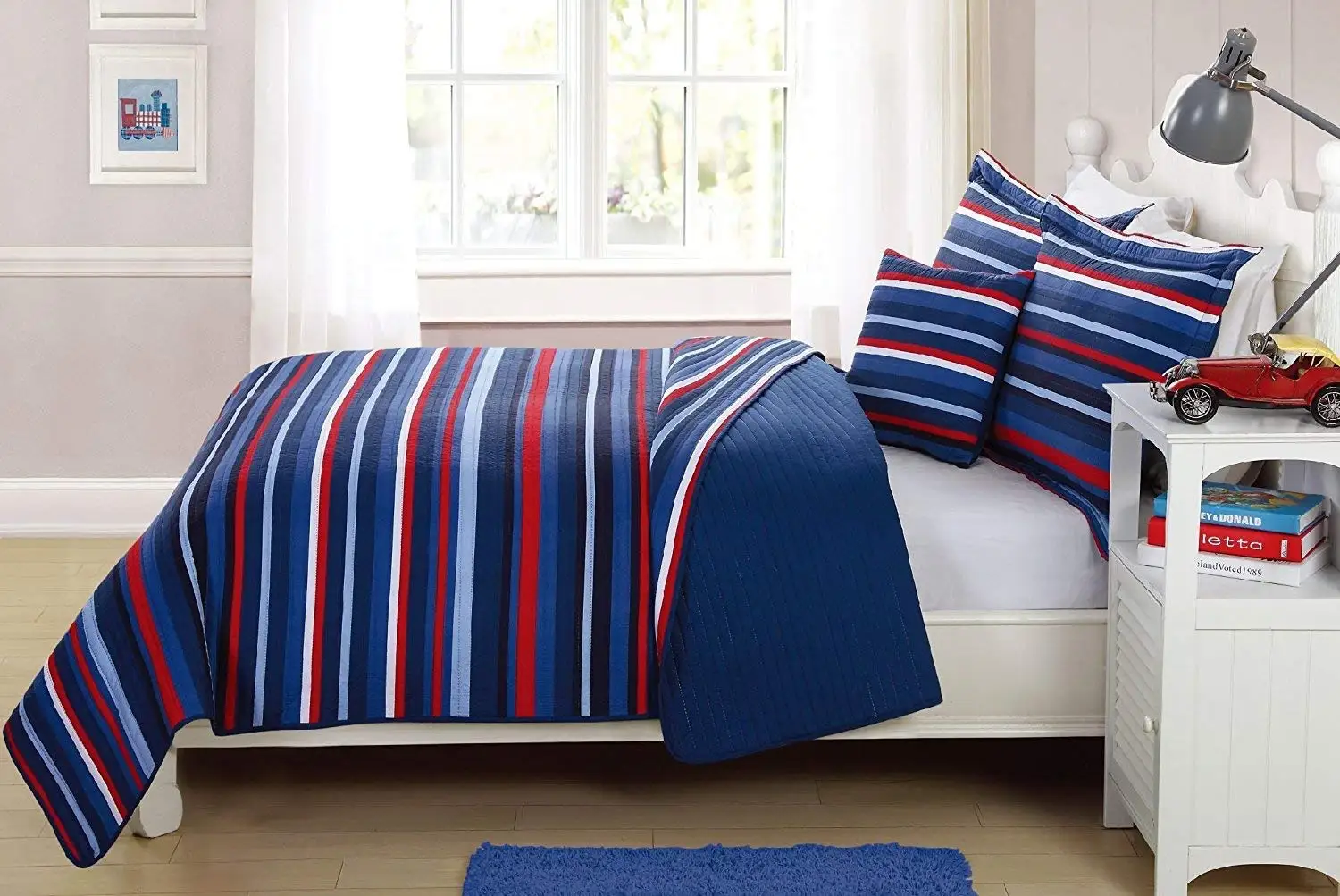 Fancy Linen Bedspread Coverlet 3 PC Twin Size Stripe Navy Blue Light blue Red White Reversible New #Ocean Breeze