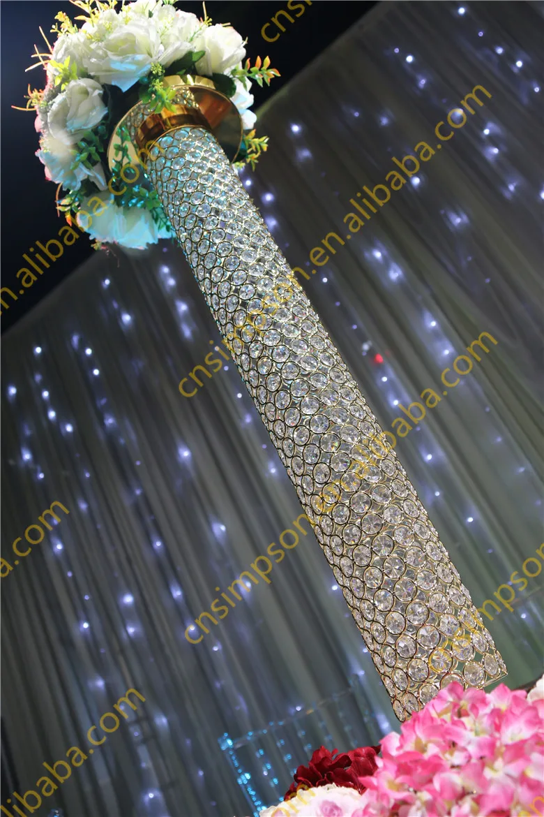 Golden Crystal Beaded Pillar Crystal Vases For Wedding