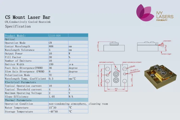 Csmount Cw And Qcw Laser Diode Bar 808nm/ 880nm/ 915nm/ 976nm/ 980nm