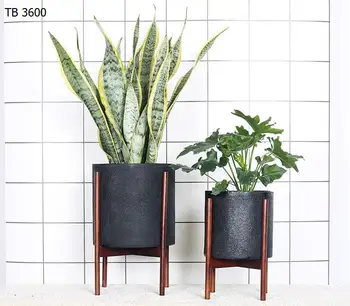 Black Concrete Flower Pot Fiber Cement Pots With Beech Wood Stand - Buy