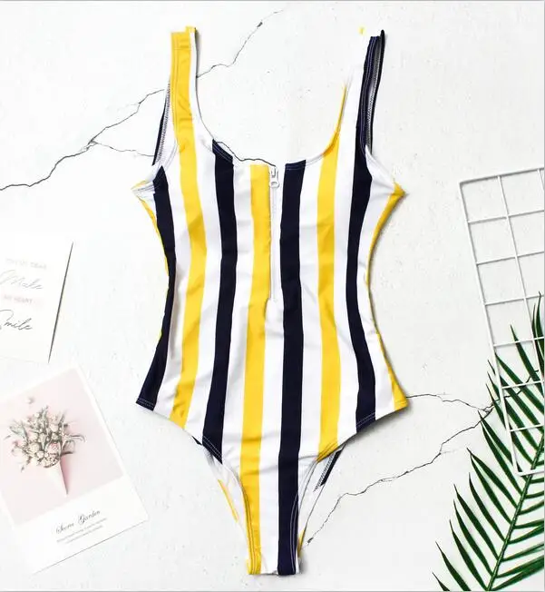 2019 Sexy One Piece Girl Striped Bikini Zipper Open Hot Women Nude Swimsuit Fashion Bathing Suit 0621