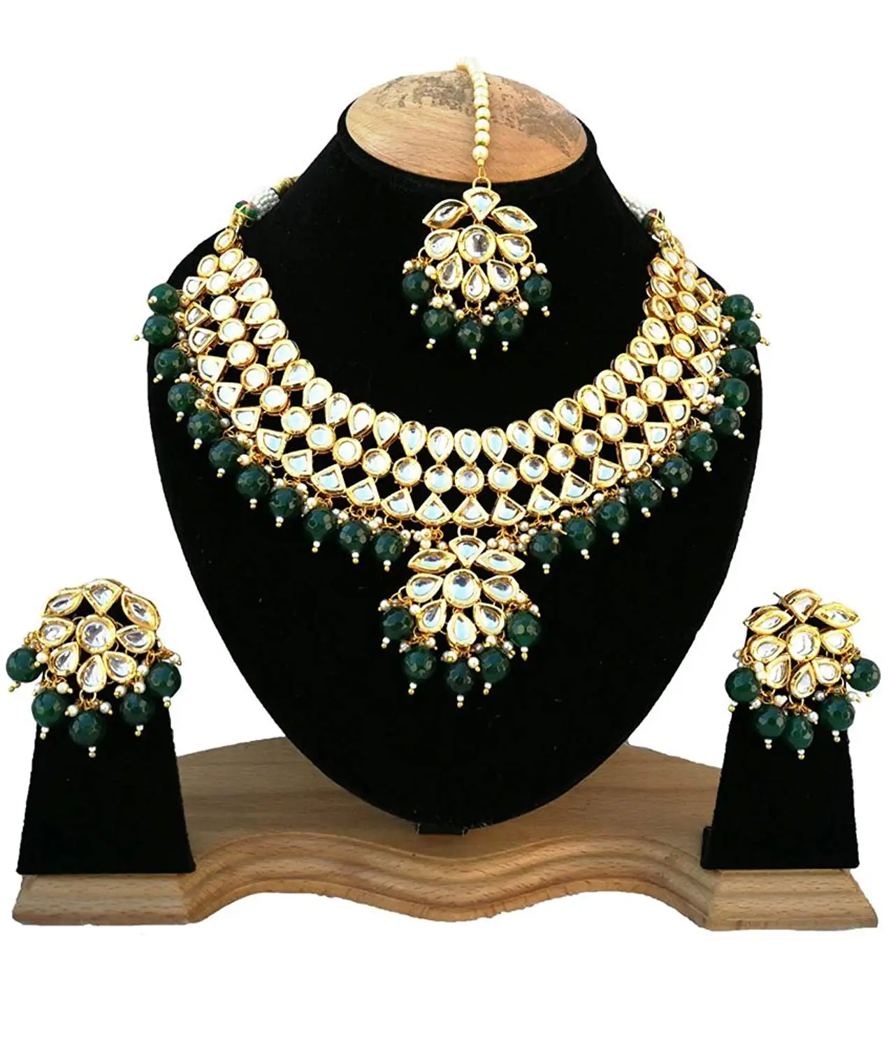 Finekraft Meena Kundan Bridal Wedding Designer Gold Plated Green Color Necklace Jewelry Set