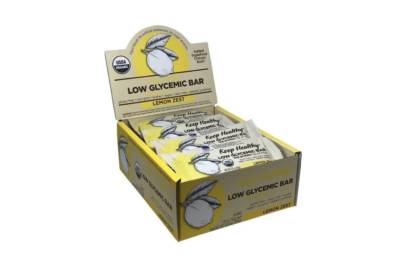 Keep Healthy Lemon Zest Low Glycemic Protein Bars, 12g Protein, 5g Fiber, Certified Organic, Vegan, Gluten Free, Dairy Free, Kosher, 1.97-Oz Bars (Pack of 16)