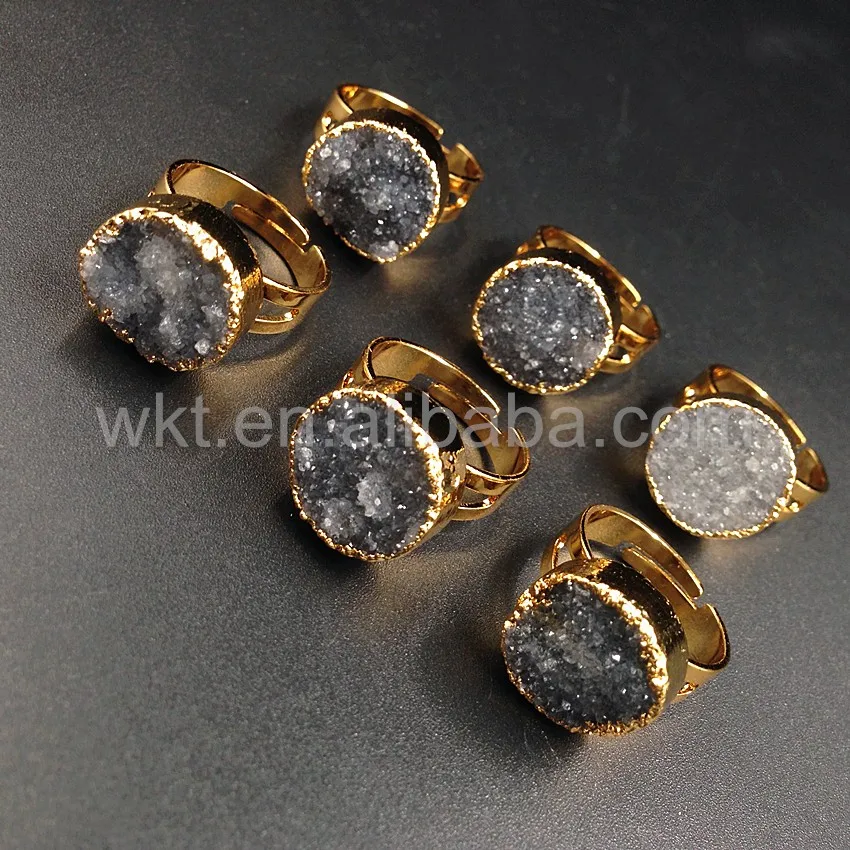 WT-R246 Newest Natural grey druzy quartz ring 24k gold plated adjustable size grey druzy ring