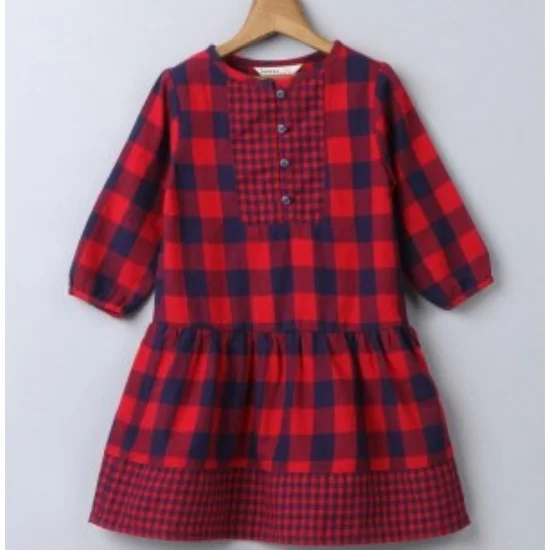 Newest long sleeve checked pattern red and black girls dress names with picture, girls frodck designs latest