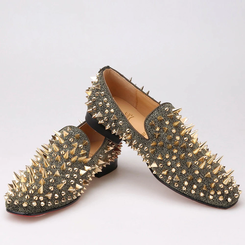 New Handmade Long Gold Rivet Men Red Bottom Loafers