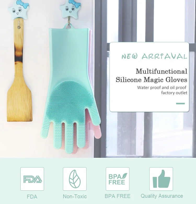 Heat Resistant Gloves, Cleaning Long Household Multifunctional Silicone Gloves Brush Sponge