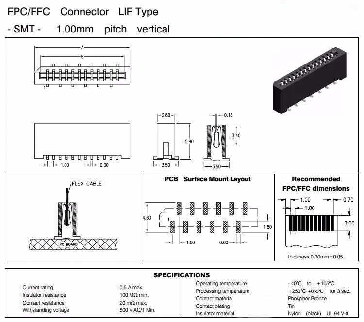 Fpc/ffc Connector Lif Type 1.0mm Pitch Vertical Smt 1mm Pitch Fpc ...