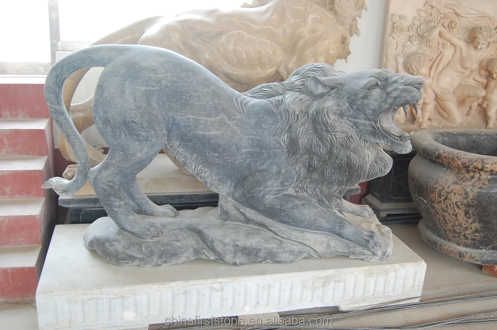 Black Marble Outdoor Lying Down Antique Stone Lion Sculpture