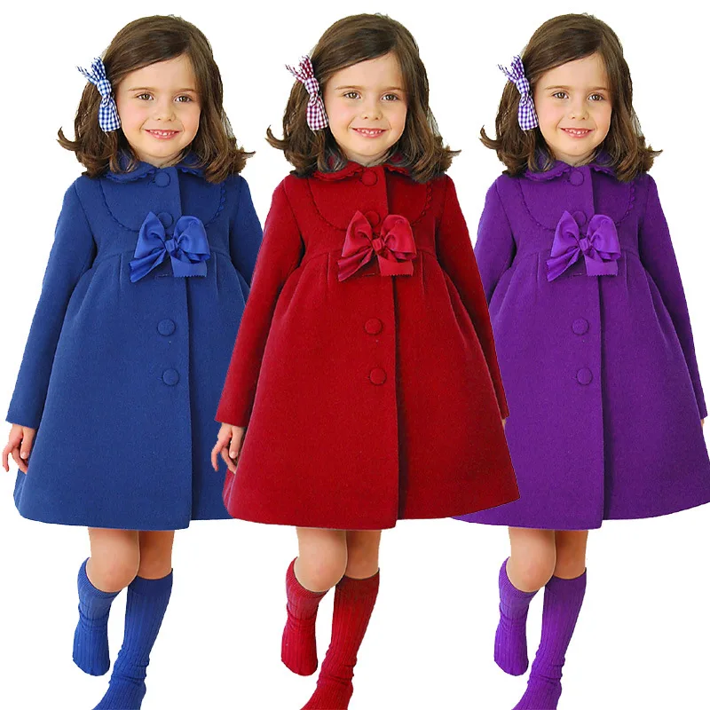 2015 new fashion girls wool winter coats clothing long sleeve flower side bowknot decoration font b