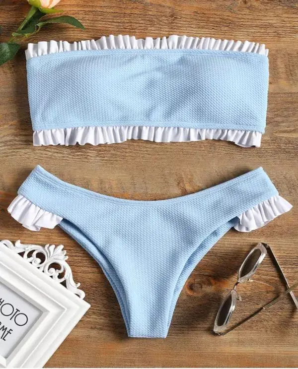 blue ruffle bathing suit