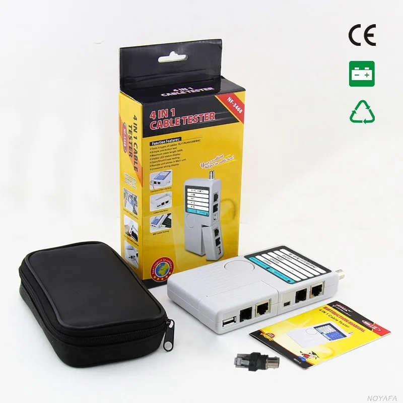 4-in-1 network cable tester use for testing RJ45/RJ11/BNC/USB continuity (NF-3368)
