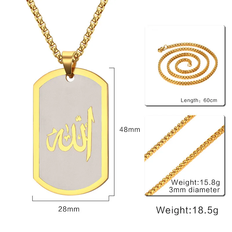 smydp Necklaces Muslim Islamic God Allah Word Pendant Necklace for Men Women Short Tag Stainless Steel Jewelry Black Gold Color Gift