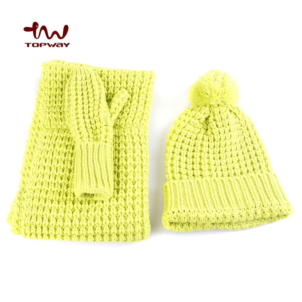 Wholesale Fashionable 3 Pieces Wool Winter Knitted Crochet Cuff Hat Scarf and Gloves Set For Women