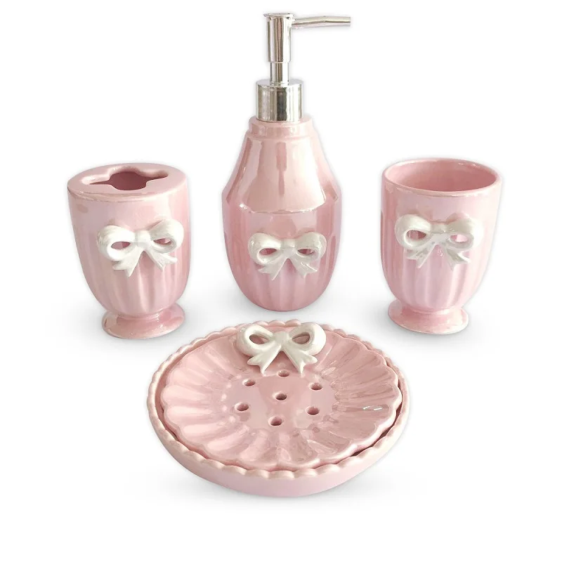 Pink Bow Ceramic Dolomite Home Decor Bathroom Accessories Set Buy Ceramic Bathroom Soap Pump Pink Bathroom Accessories Ceramic Bathroom Accessories Product On Alibaba Com