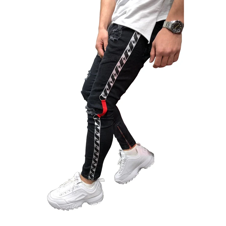 2019 Men Streetwear Ripped Jeans New Fashion Hip Hop Side Striped Jeans Fitted Bottoms Zipper Men Jeans Trouser!