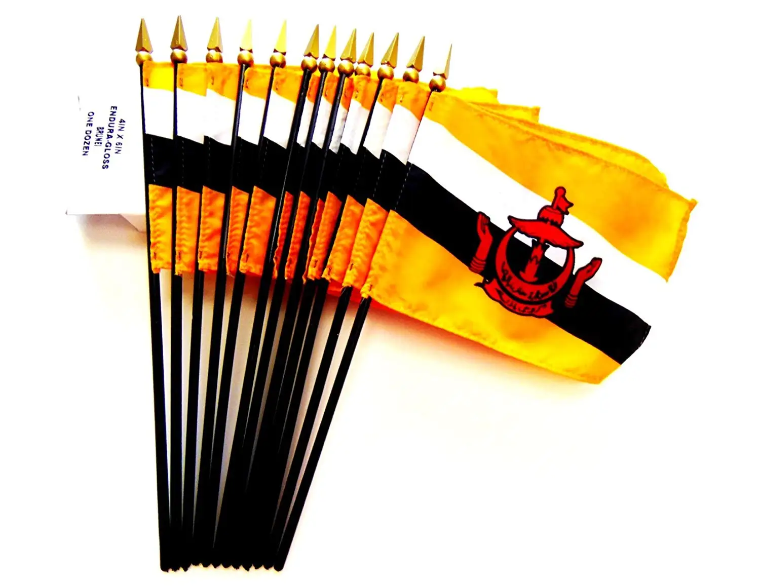 MADE IN USA!! Box of 12 Brunei 4"x6" Miniature Desk & Table Flags; 12 American Made Small Mini Bruneian Flags in a Custom Made Cardboard Box Specifically Made for These Flags