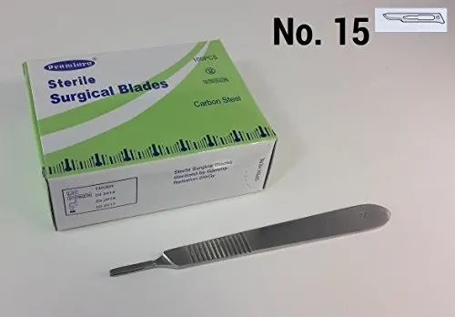 100 Surgical Scalpel Blades #15 Sterile Carbon Steel + 1 Scalpel Handle #3