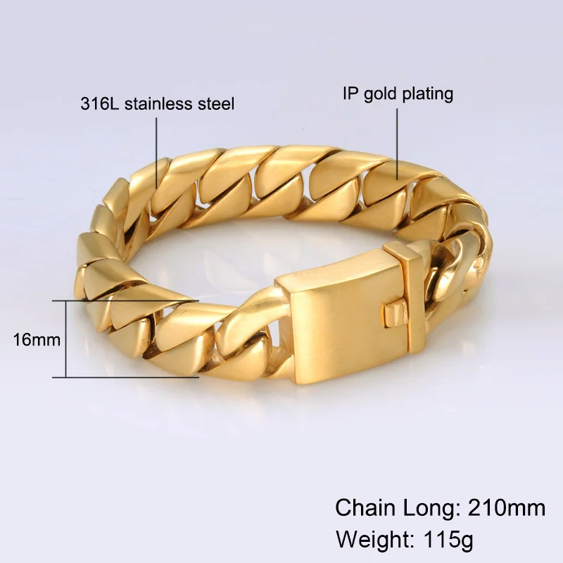 316 L Stainless Steel Pvd Gold Plated 16 Mm Wide Chain Men Box Clasp