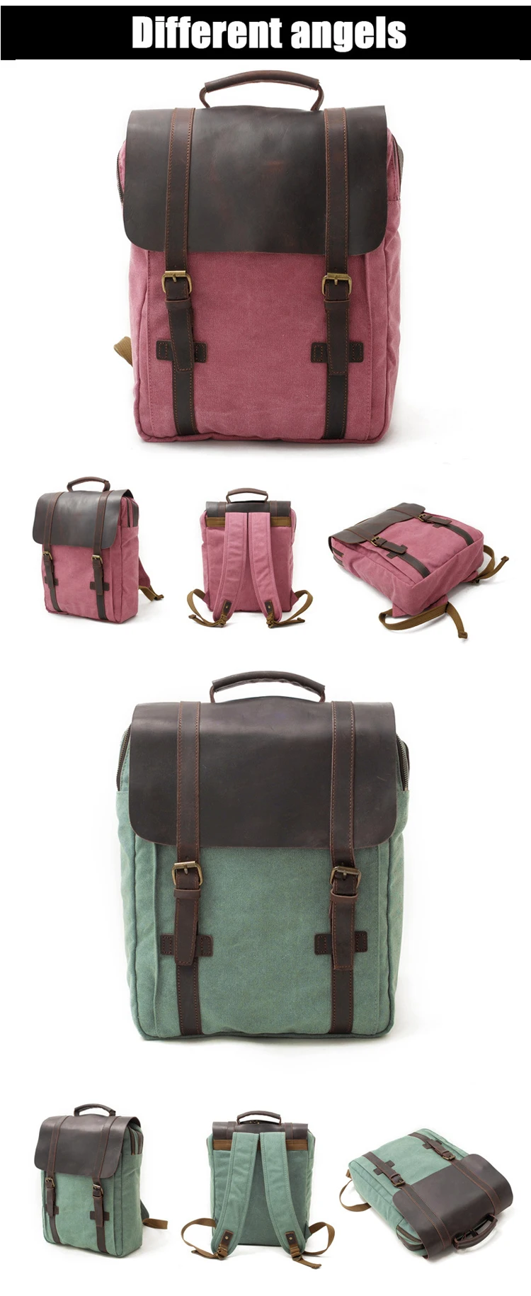 Elegant European vintage design cotton canvas crazy horse leather rucksack high school backpack bag back pack bagpack