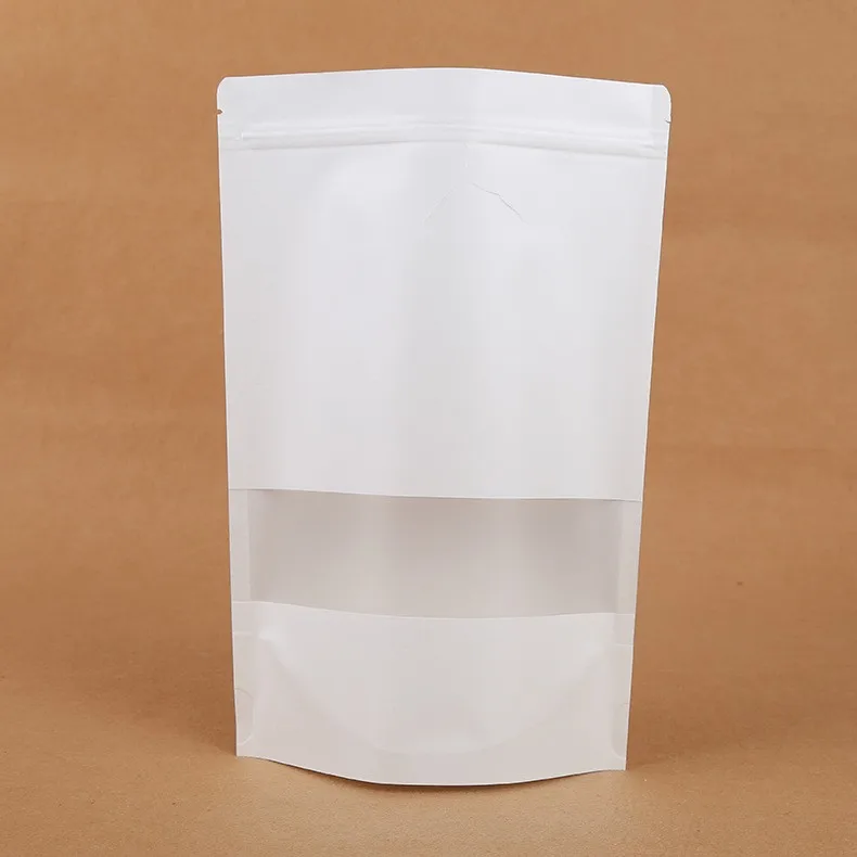 Reusable White Kraft Paper Bags Zip Lock Stand Up Sealing Food Pouches