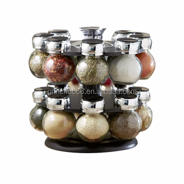 16 Piece Kitchen Revolving Glass Masala Herbs Spice Jar Rack Carousel Rotating 