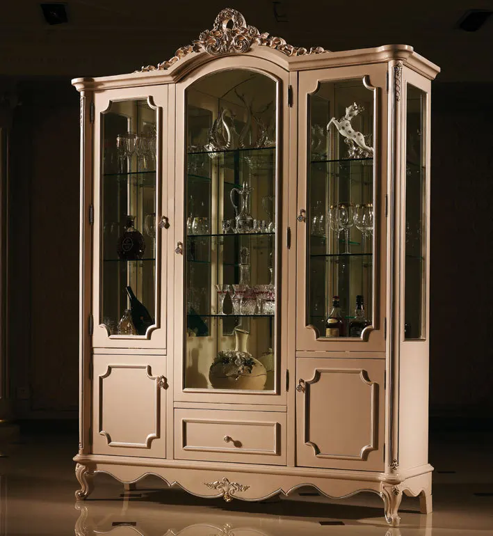Classic Living Room Cabinet White 3 Doors Tall Glass Wine Cabinet