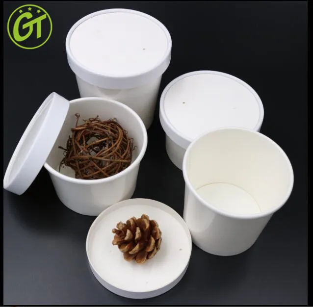 Biodegradable Disposable White Paper Take Away Soup Bowl With Paper Lid Noodle Ramen Bowl With