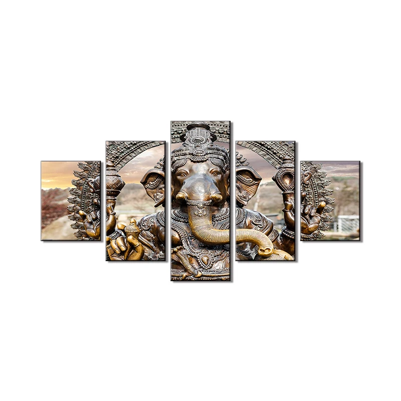 Modern 1 Set 3D 5 Panel 3D Hinduism Ganesha Canvas Acrylic Wall