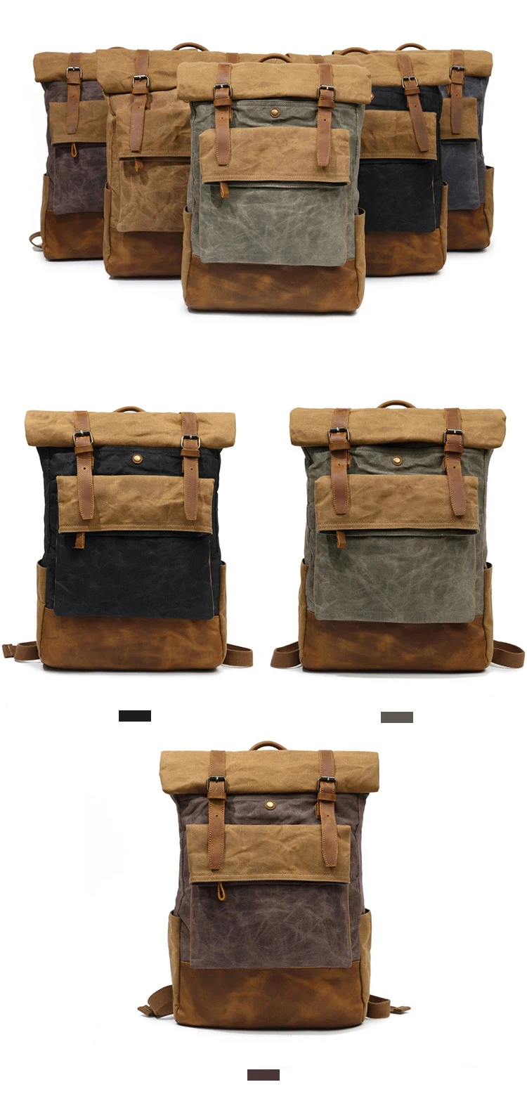 Vintage water proof retro leisure style unisex cycling waxed canvas leather outdoor backpack rucksack bag